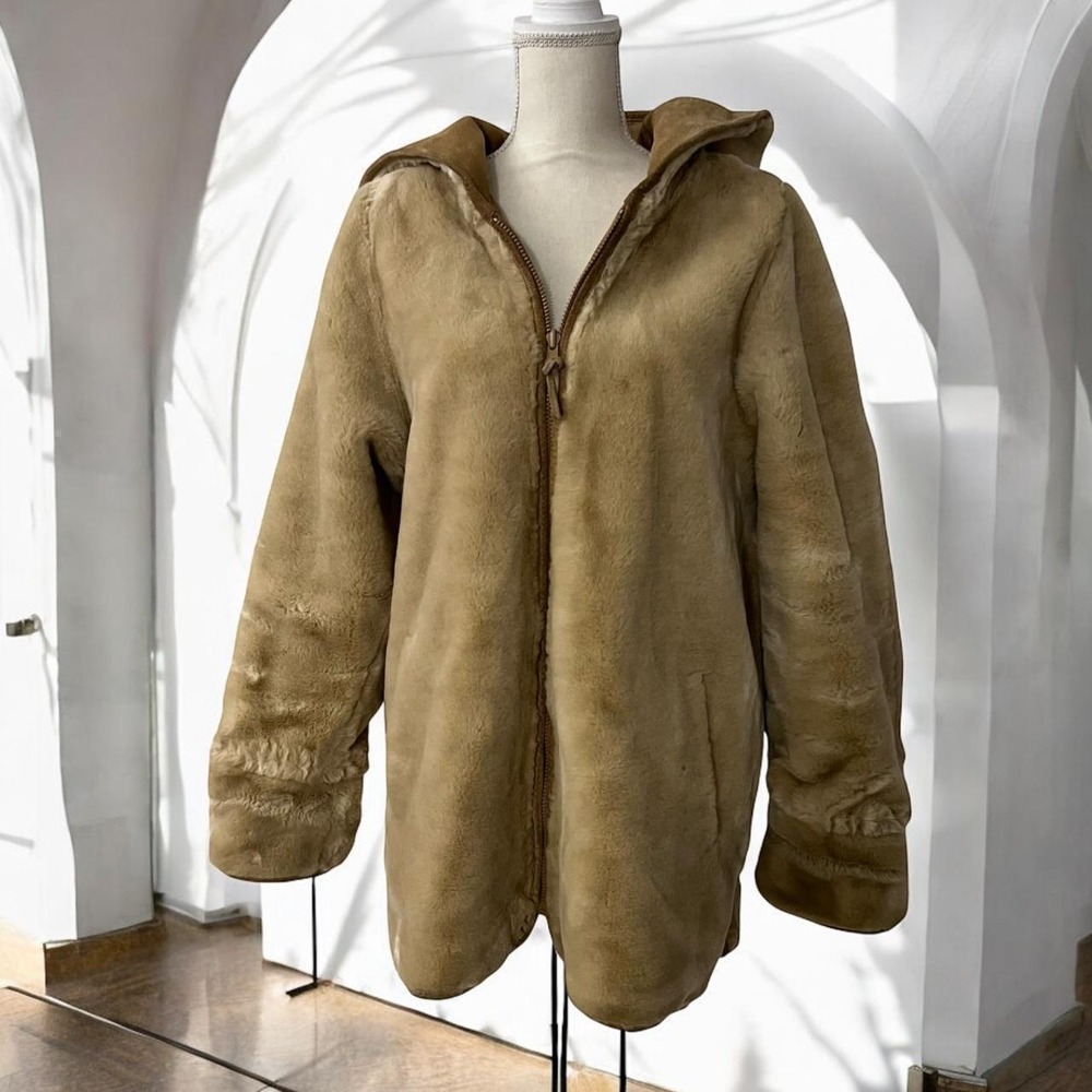 Winlit New York Reversible Genuine Leather Suede Faux Fur Hooded Coat Tan Medium - Picture 4 of 11